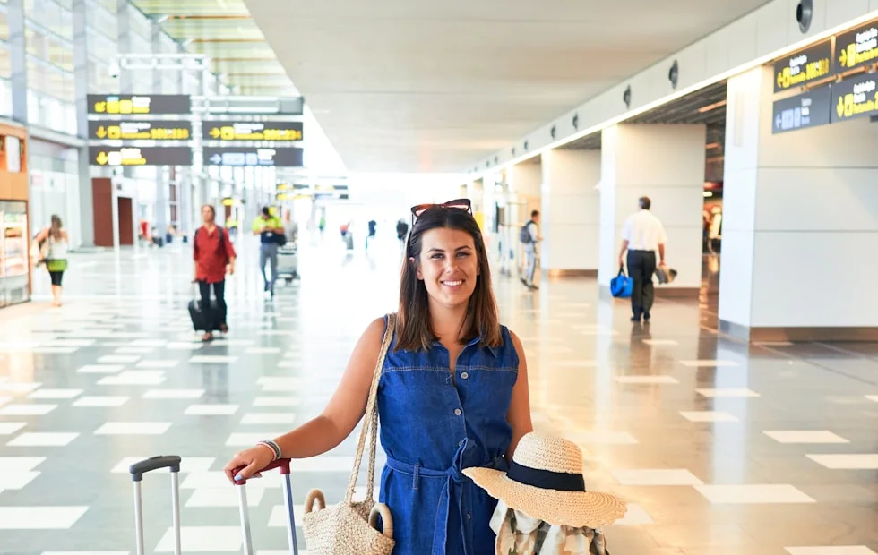 A reunion hug at the airport, bags still in hand