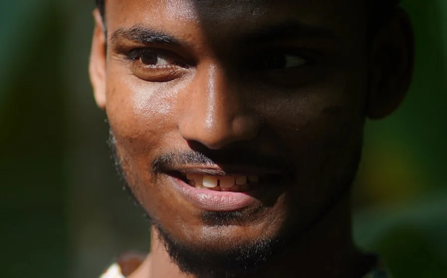 A Bangladeshi site worker in Abu Dhabi smiling